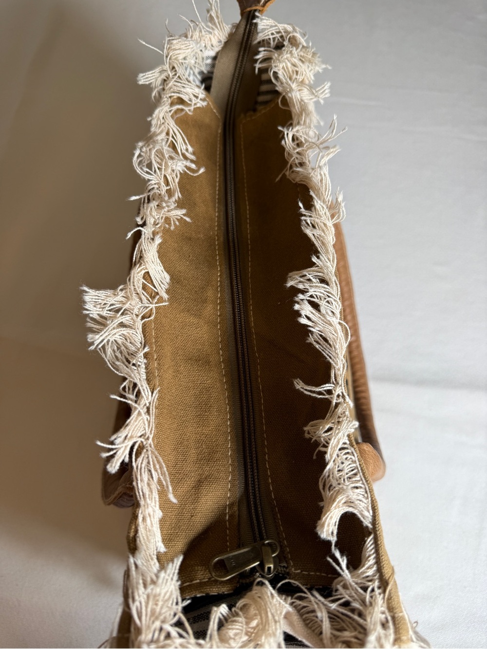 Myra Bag Upcycled Canvas Graphic Tote with Leather Handles and Fringe - Picture 6 of 12